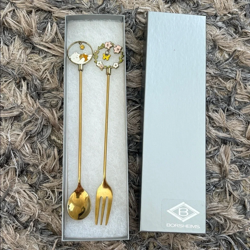 Gold Enamel Fork and Spoon Set With Cute Dangling Charms Hand Crafted